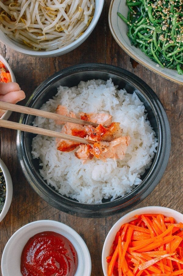 Salmon Bibimbap Korean Rice Bowl by thewoksoflife.com