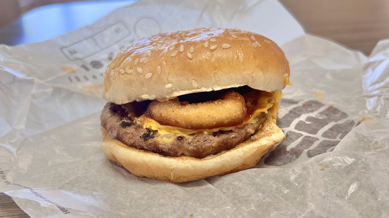 Rodeo burger with an onion ring
