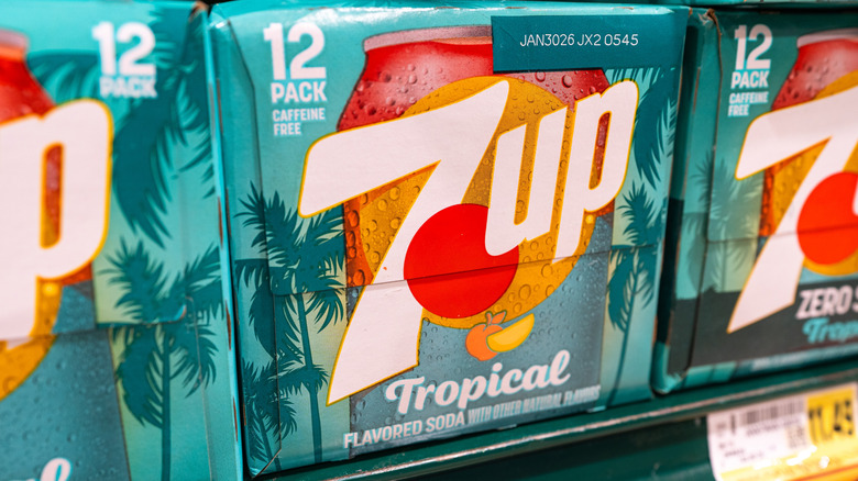 Cases of 7up Tropical Limited Edition Special Flavor on store shelf.