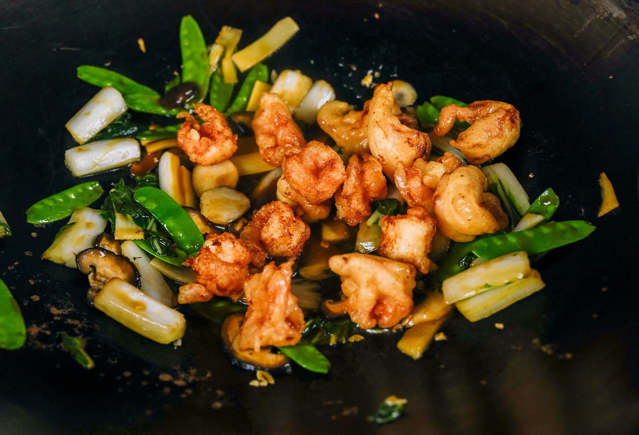 shrimp and vegetables added wok
