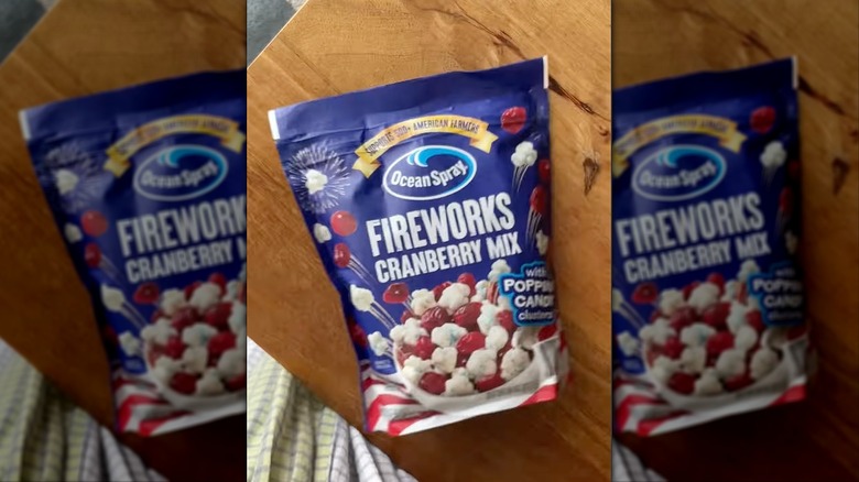 Top-down shot of a bag of Ocean Spray Fireworks Cranberry Mix on table