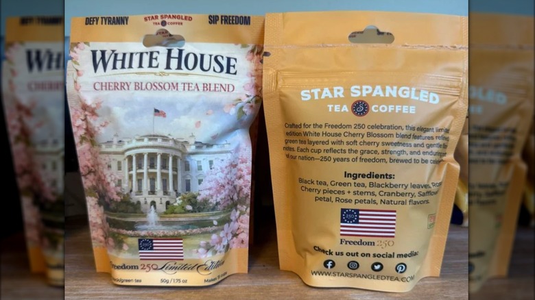 Front and back of bag of Star Spangled Tea & Coffee Company White House Cherry Blossom Tea Blend