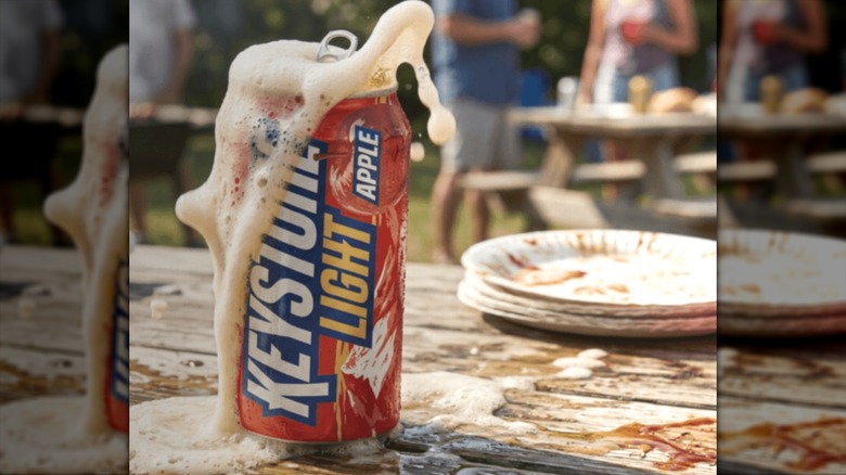 Open, foaming can of Keystone Light Apple beer on wooden table