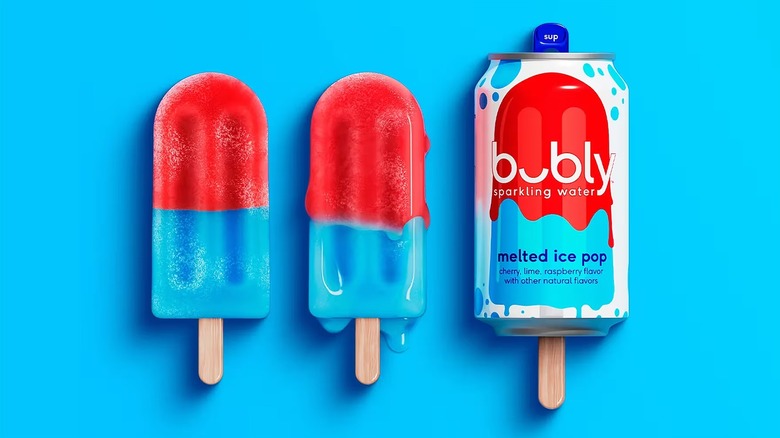 Red and blue ice pops next to can of bubly melted ice pop on blue background