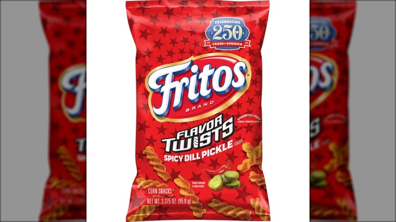 Bag of Fritos Spicy Dill Pickle Flavor Twists on white background