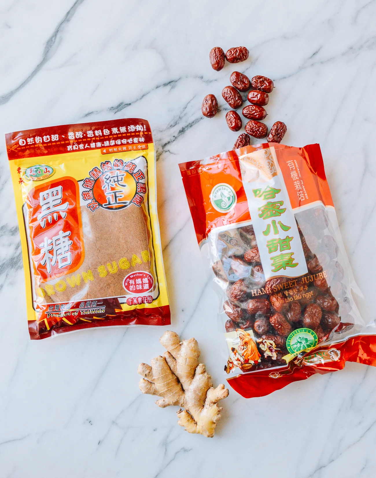 ginger date tea ingredients - red sugar, ginger, and chinese dates