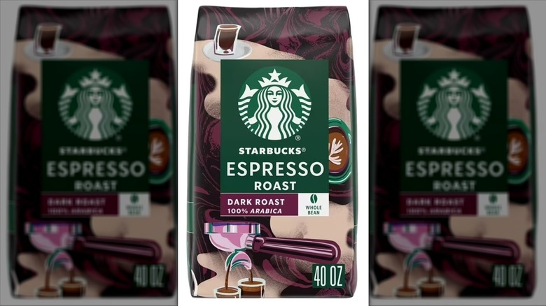 Bag of Starbucks Espresso Dark Roast on a white background
