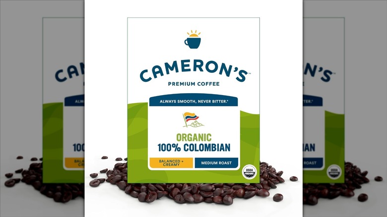 Cameron's Organic 100% Colombian coffee logo surrounded by whole coffee beans