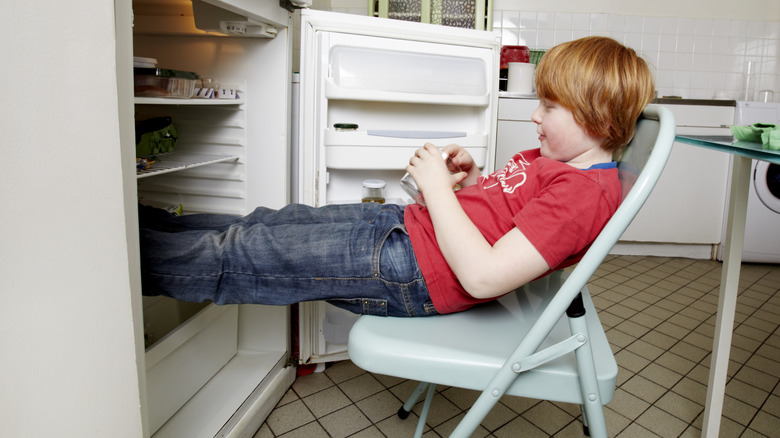 Little boy sitting with his legs inside the refrigerator