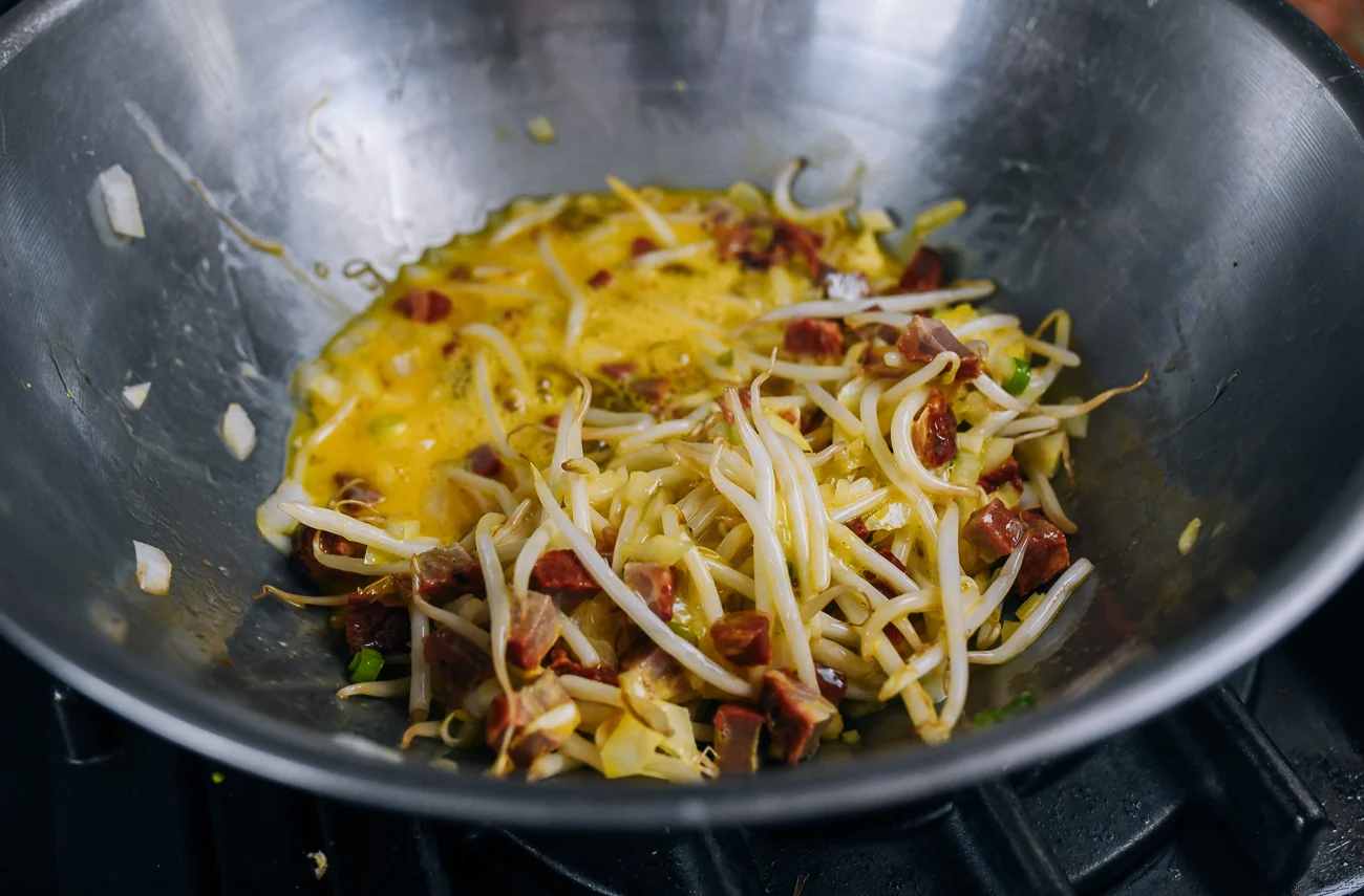 roast pork egg foo young batter mixed
