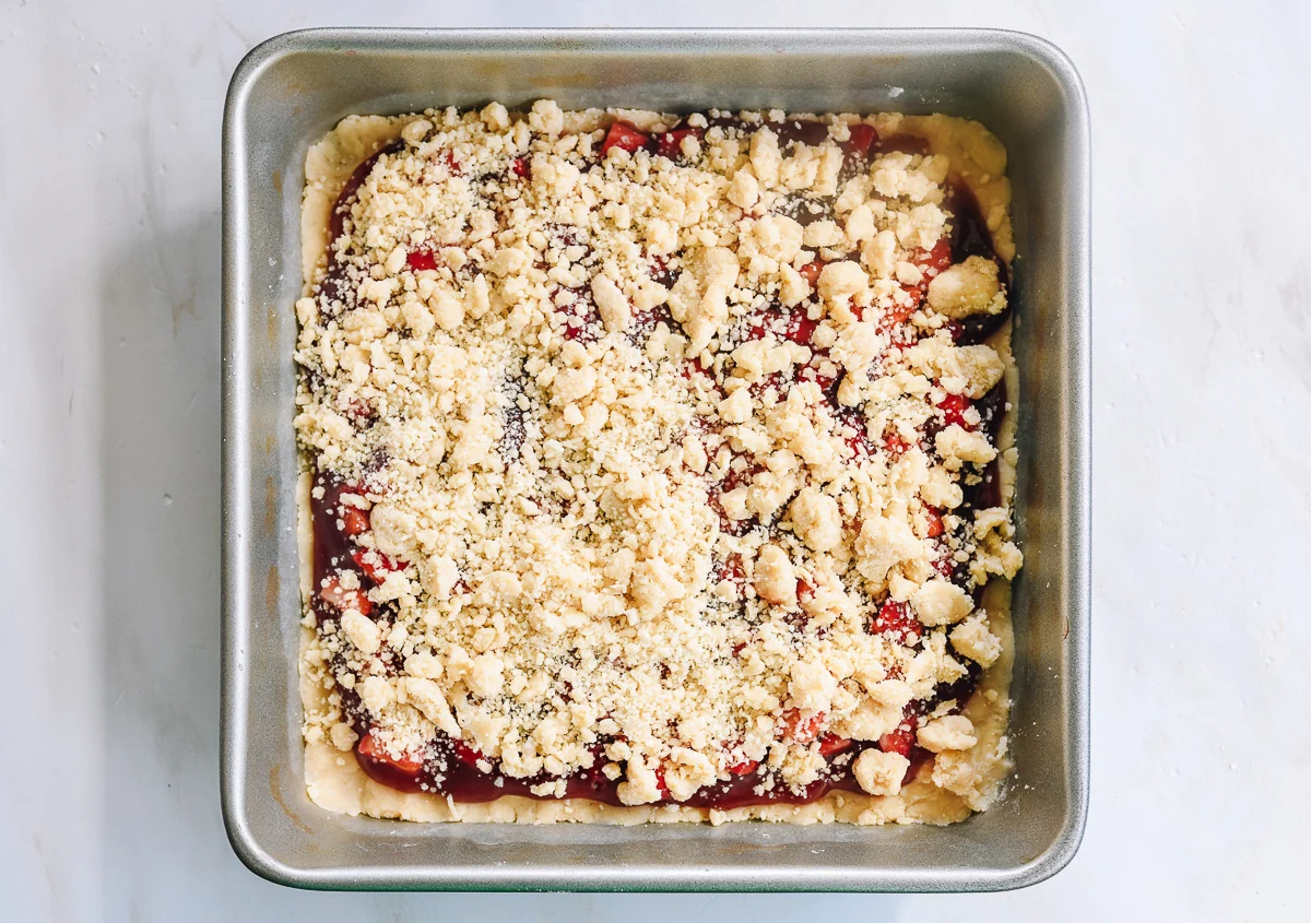strawberry bars in pan before baking