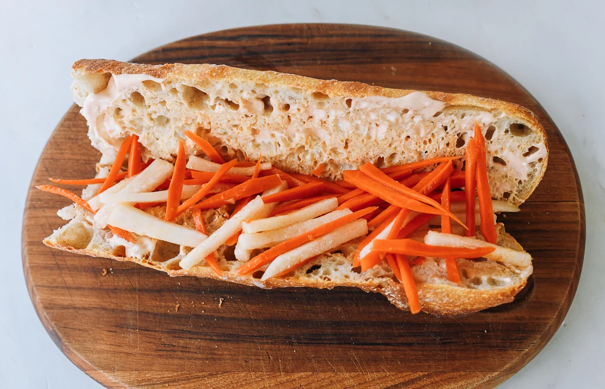 carrot daikon salad on baguette