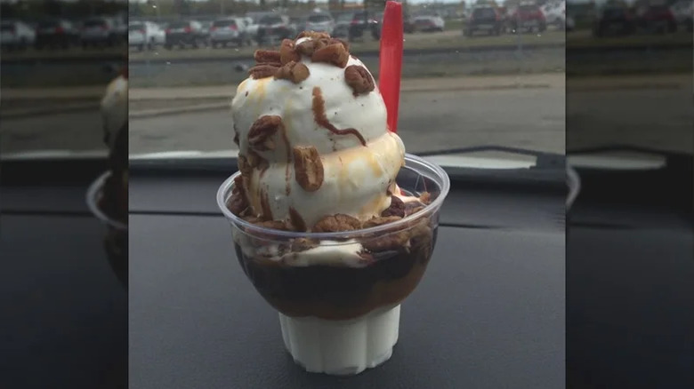 Makeshift Dairy Queen Dixie Belle Sundae on car dashboard