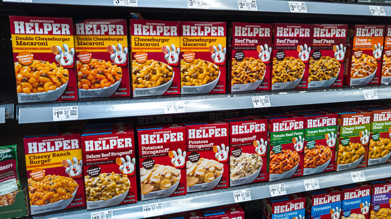 Various of boxes of Hamburger Helper on the store shelves.