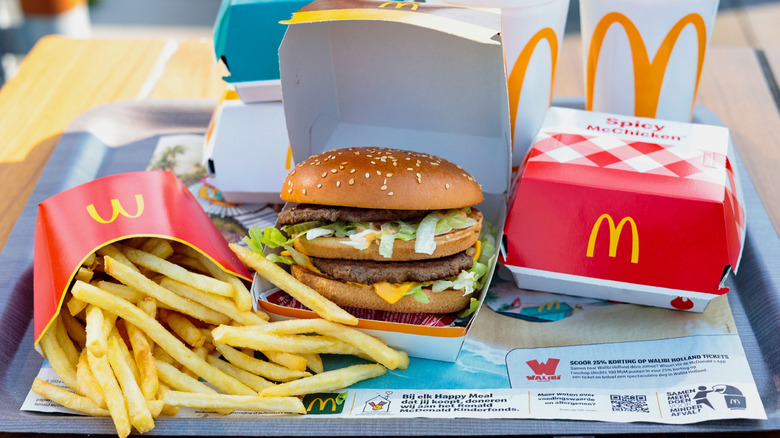 McDonald's French fries, BigMac, and Spicy McChicken on a tray.