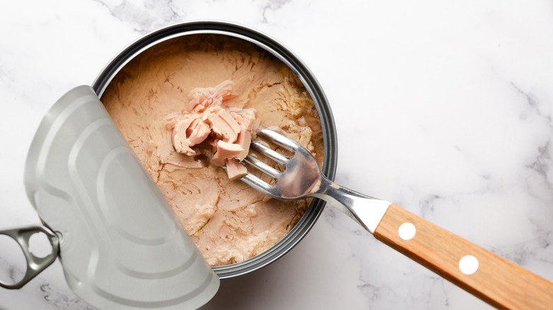 An open can of tuna with a fork taking out a chunk of fish.