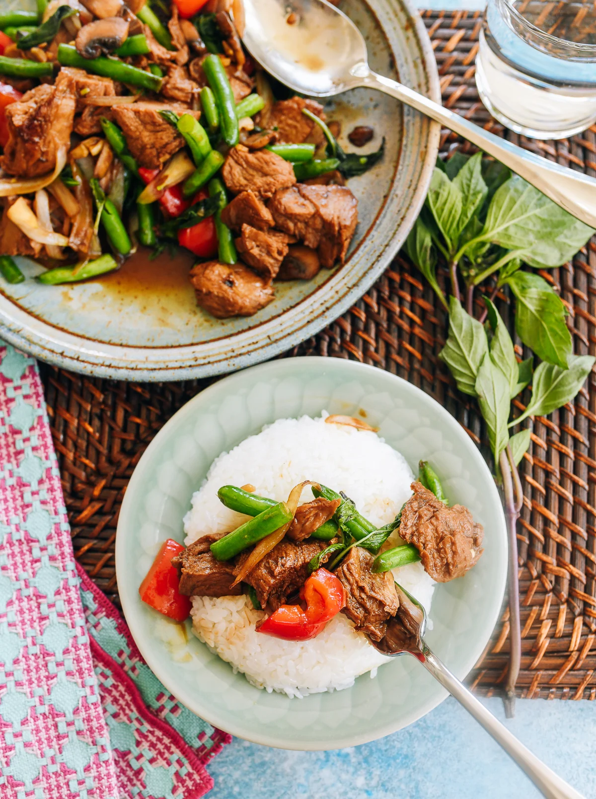Serving Thai basil mock duck over steamed jasmine rice