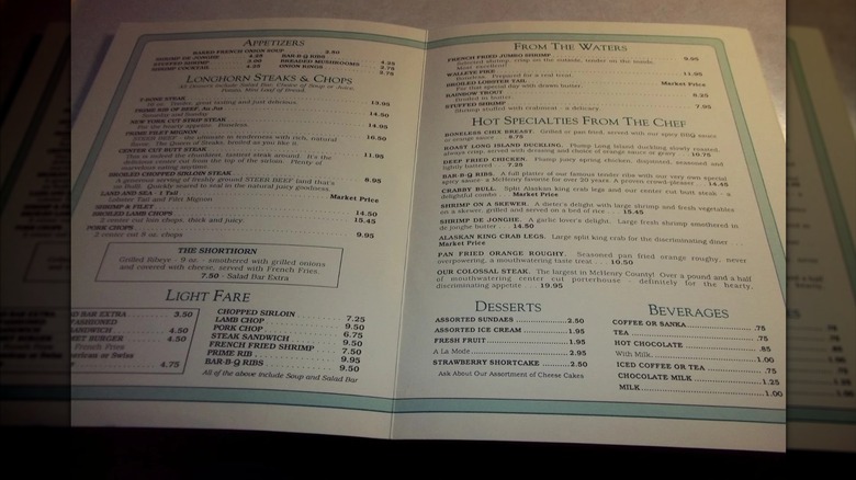 Vintage 1980s LongHorn Steakhouse menu