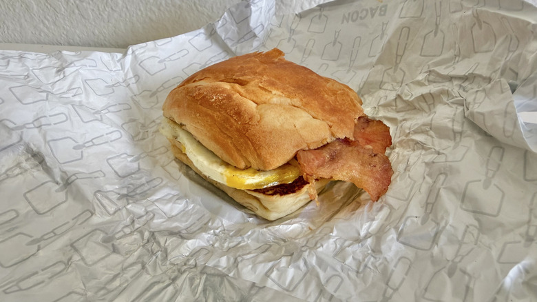 Bacon, Egg & Swiss Croissant on a wrapper