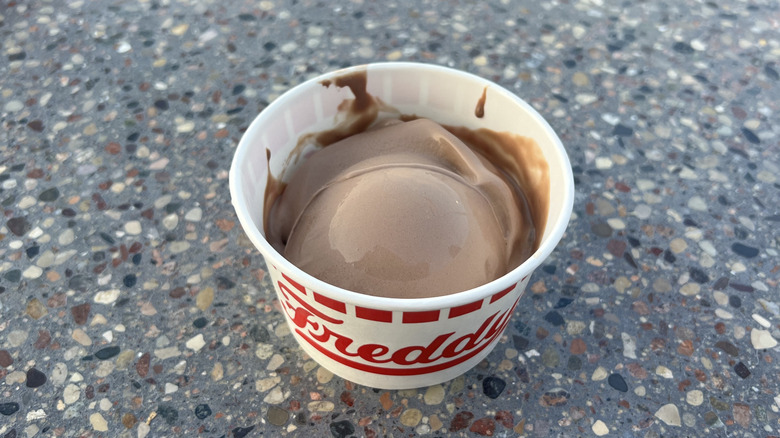Freddy's frozen chocolate custard in paper cup.