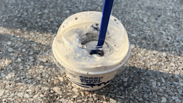 Culver's Oreo Concrete Mixer in plastic cup.