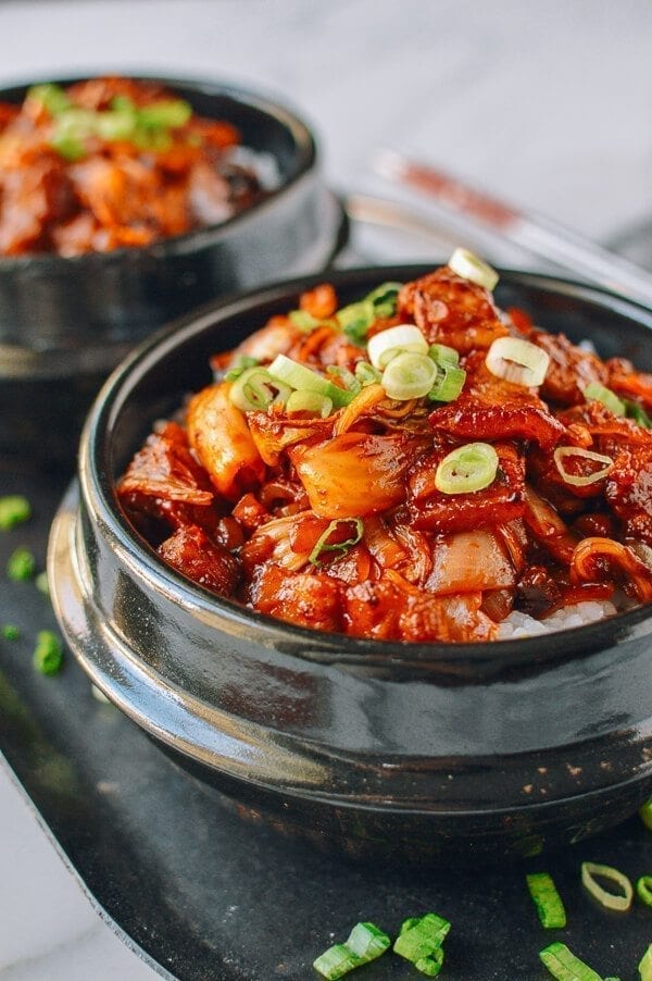 10-Minute Crispy Pork Belly Kimchi Bowls, by thewoksoflife.com