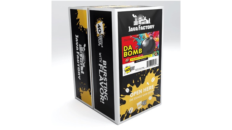 A box of 40 single-serve Java Factory Da Bomb coffee pods on a white background