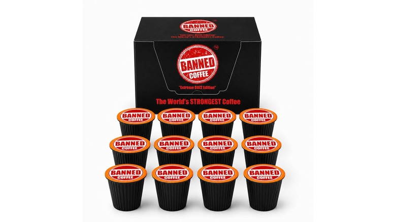A box of Banned Coffee and 12 Banned Coffee pods on a white background