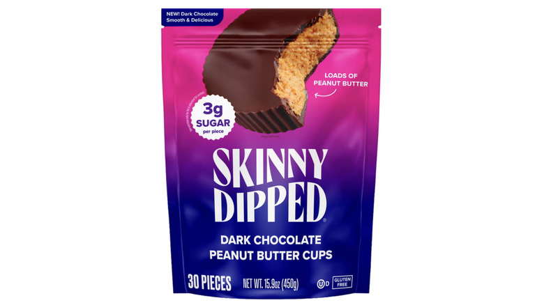 Product image of a 30 peice bag of Skinny Dipped Dark Chocolate Peanut Butter Cups.