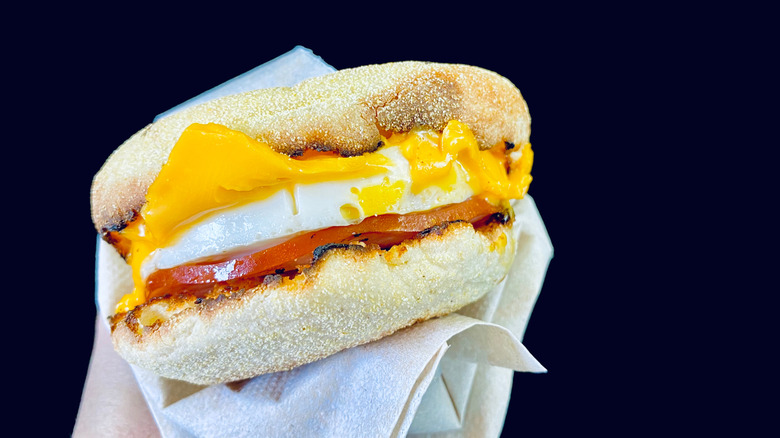 A hand holding a McDonald's Egg McMuffin breakfast sandwich