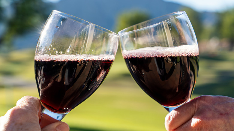 Two clinking glasses of Lambrusco wine outside