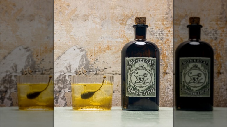 bottle of Monkey 47 gin poolside