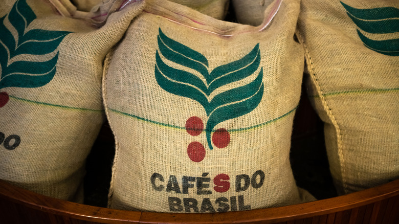 Burlap sacks of unroasted coffee beans from Brazil