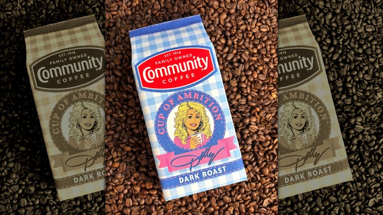A bag of Community's Dolly Parton's cup of ambition branded coffee