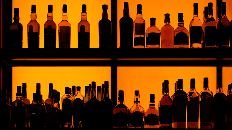 A dimly lit shot of two shelves of unbranded spirits