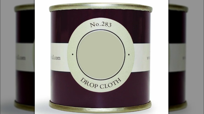 Product image of a small paint can with the Drop Cloth beige shade on white background