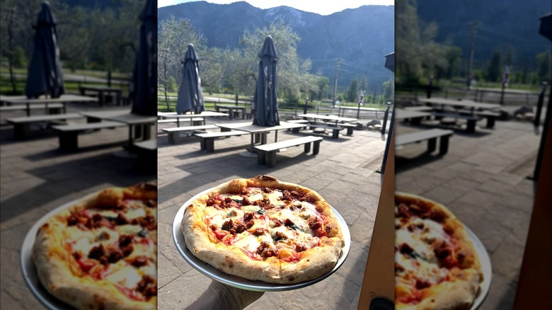 A hand holding a pizza on a metal plate in front of a scenic outdoor dining area