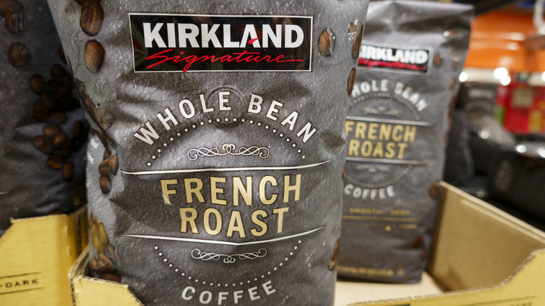 Bag of Kirkland Signature whole bean French roast coffee