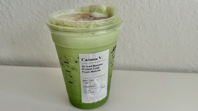 A grande Iced Banana Protein Matcha from Starbucks