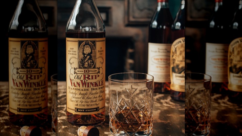 A close-up on a bottle of Pappy Van Winkle 10-year next to a filled glass