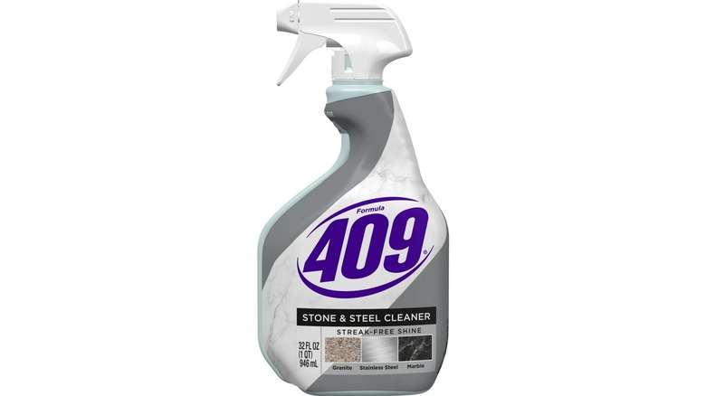 A bottle of Formula 409 Stone & Steel Cleaner