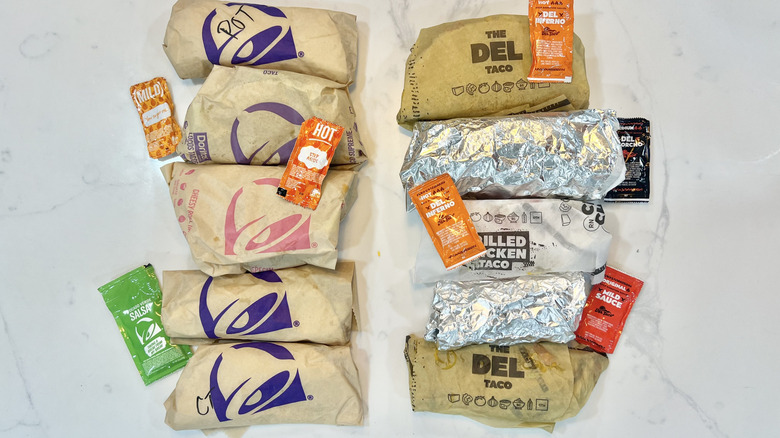 Tacos and sauce from Taco Bell and Del Taco.
