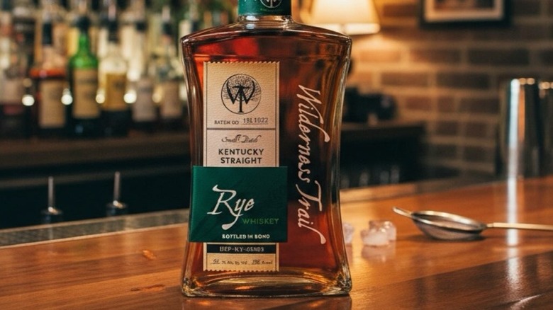 A bottle of Wilderness Trail High Rye Bourbon posed on a bar with cocktail accessories in the background