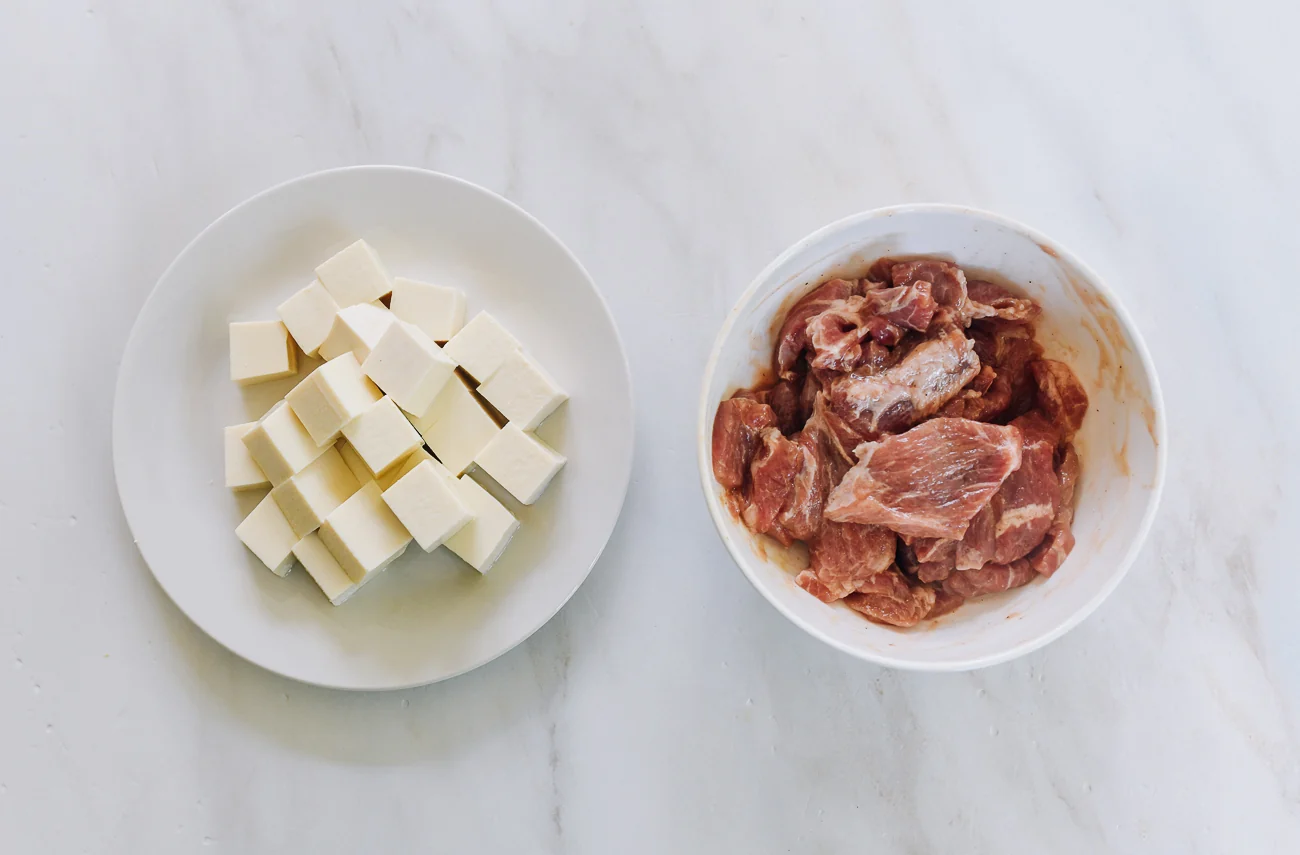 marinated pork and cubed tofu for soup