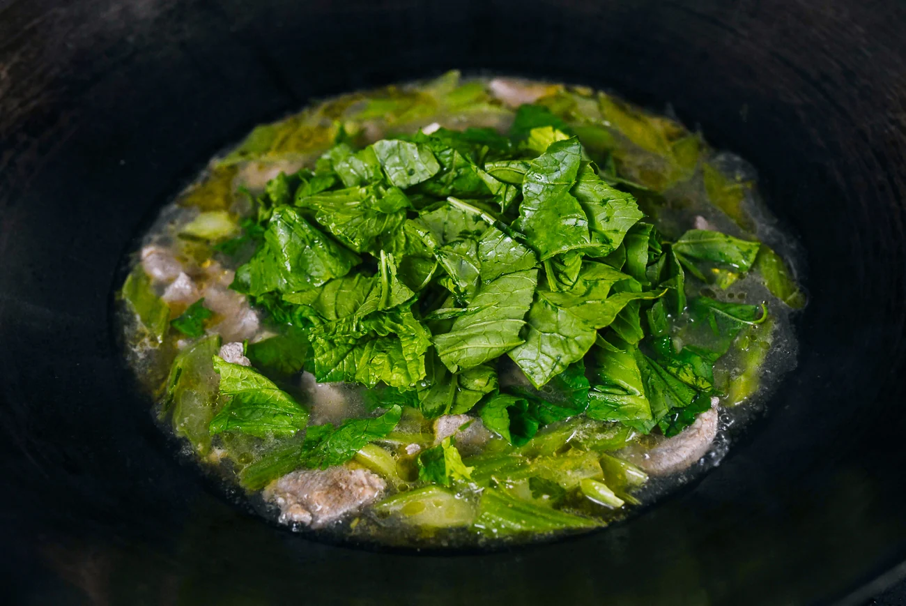 mustard green leaves added to soup