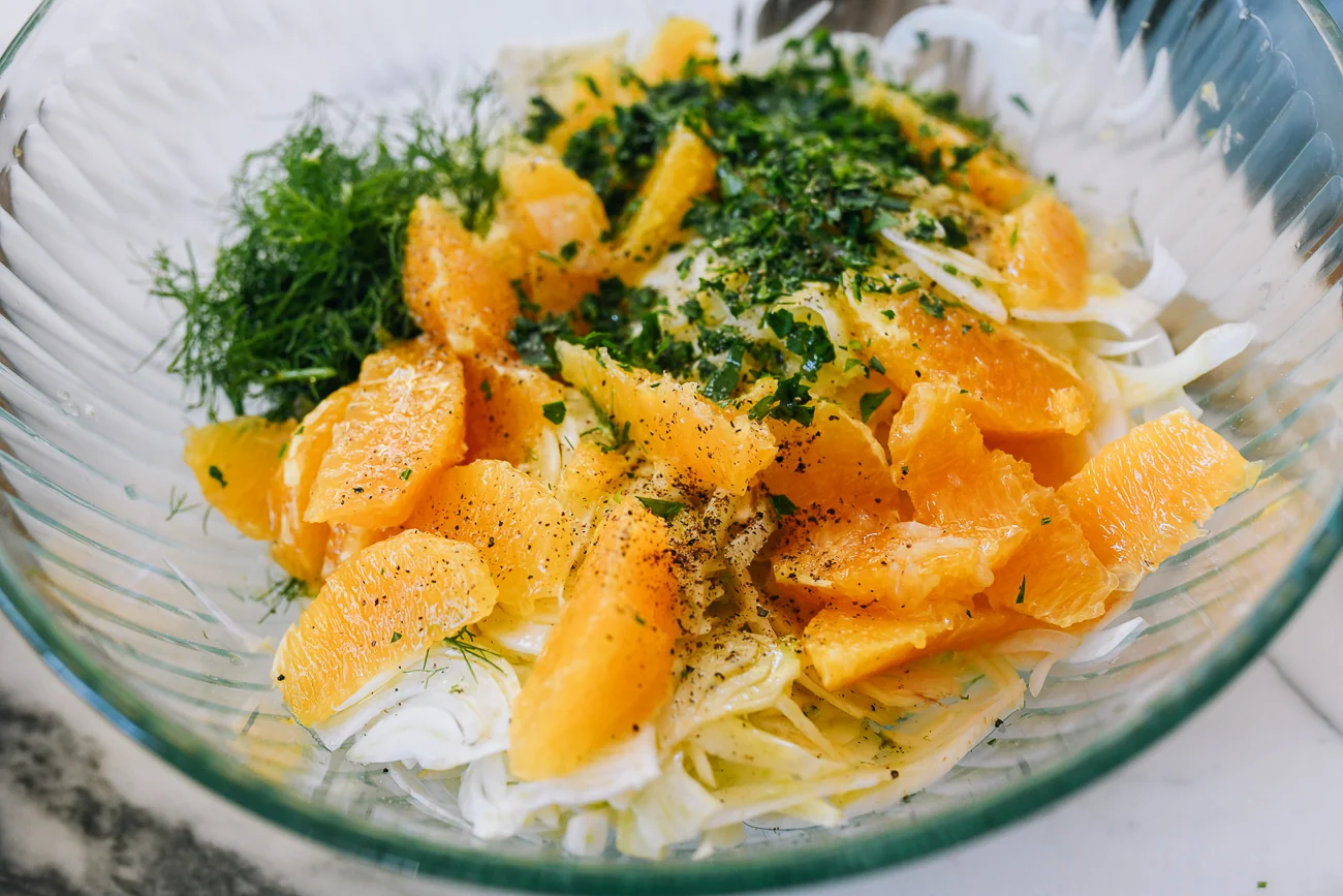 fennel orange salad ingredients in bowl