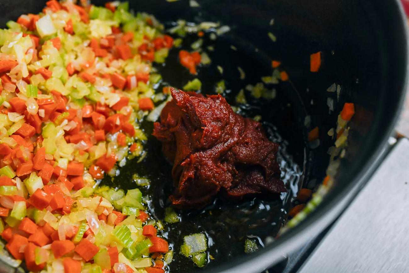 tomato paste added to mirepoix