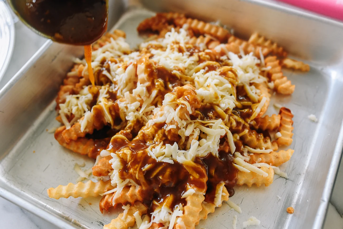 fries with shredded mozzarella and gravy on top